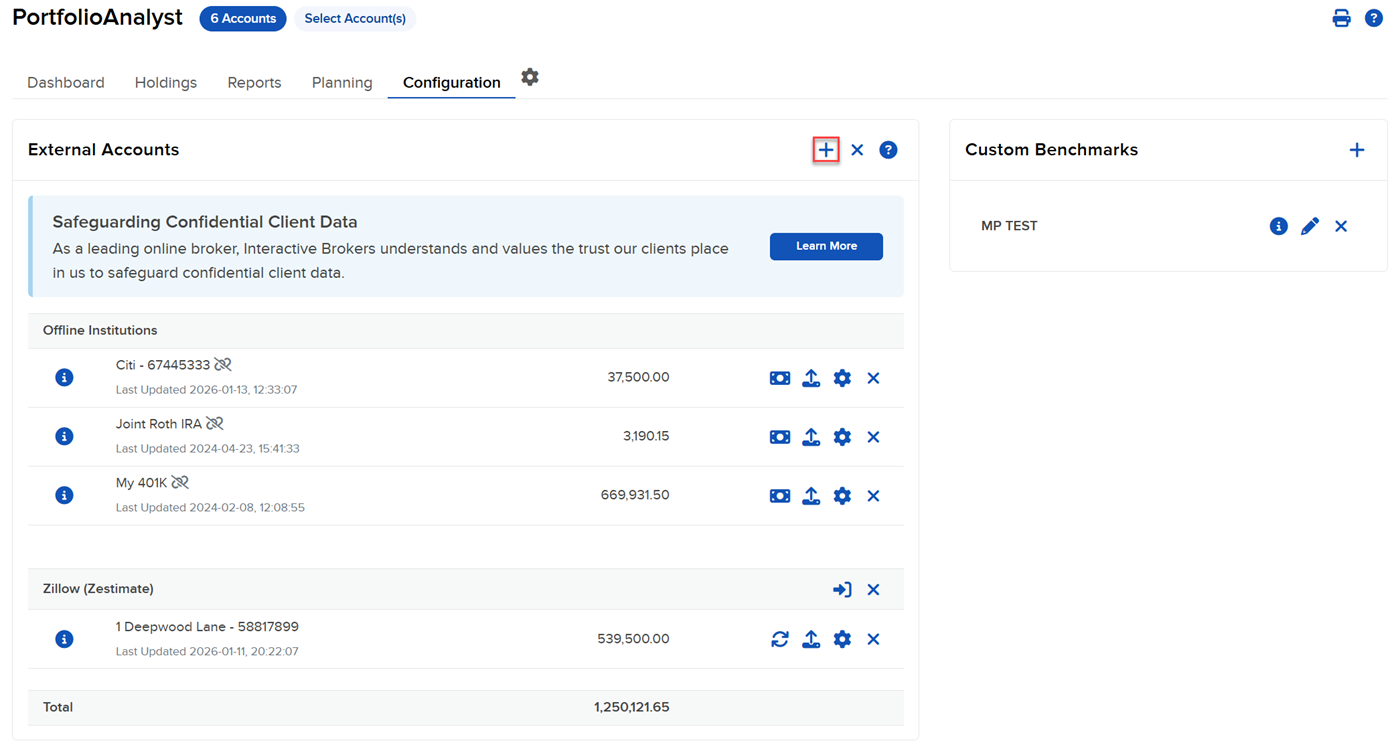 The PortfolioAnalyst add eternal accounts button in portal. 
